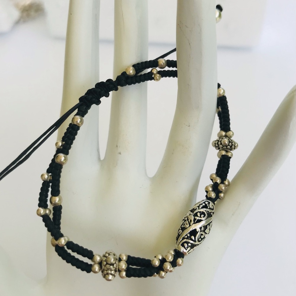 Adjustable Waxed Black Cotton Bracelet